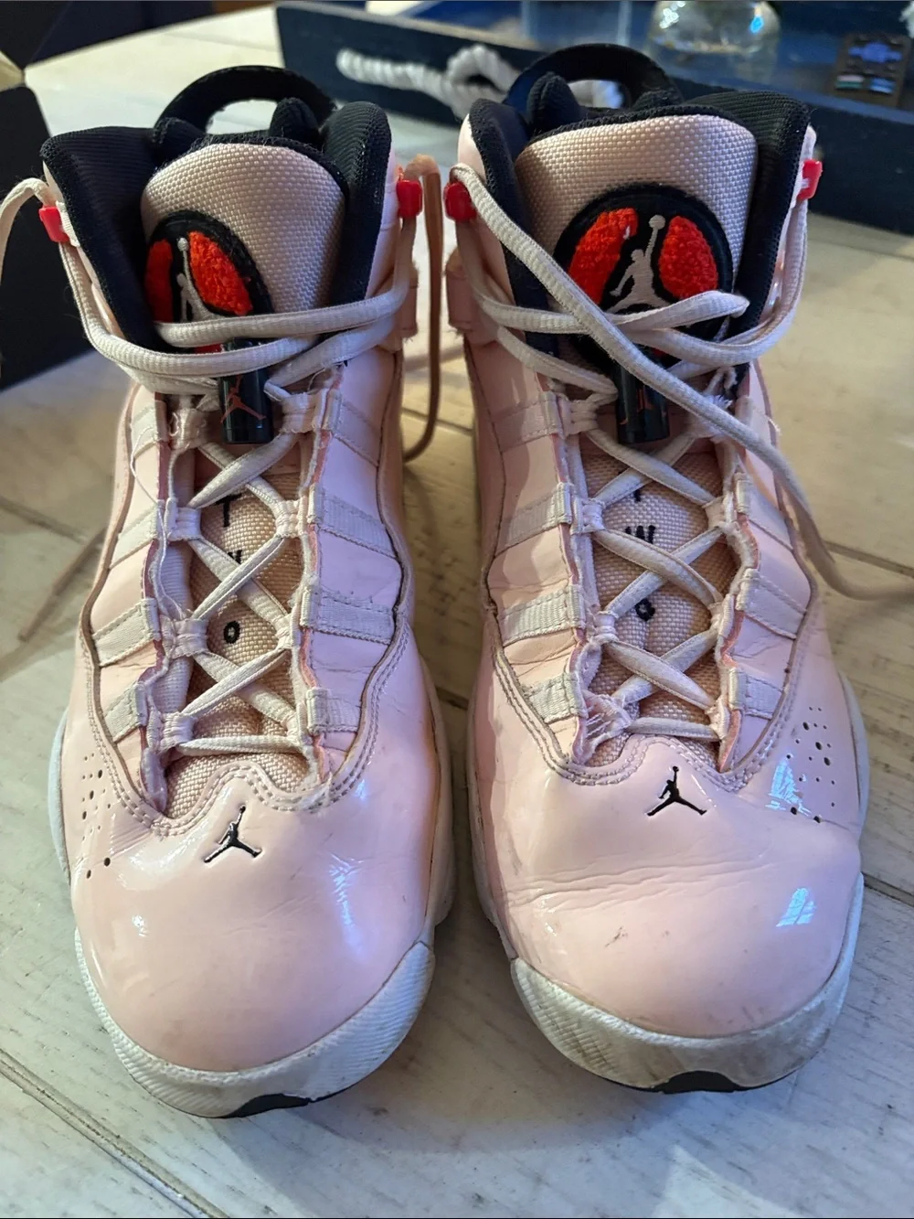 Jordan Kids' Pink Patent Leather Basketball Sneakers with Black Accents